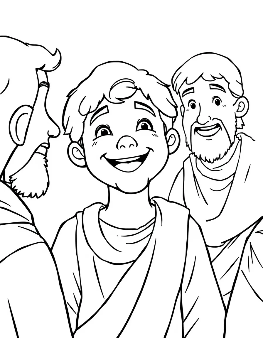 Joseph showing his happy face to his surprised brothers.