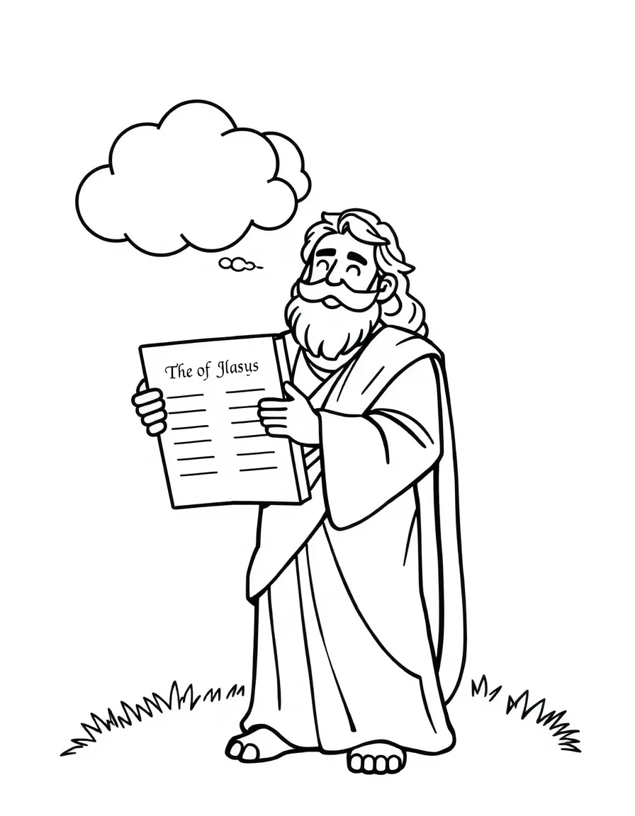 Moses holding the Ten Commandments, with a happy cloud.