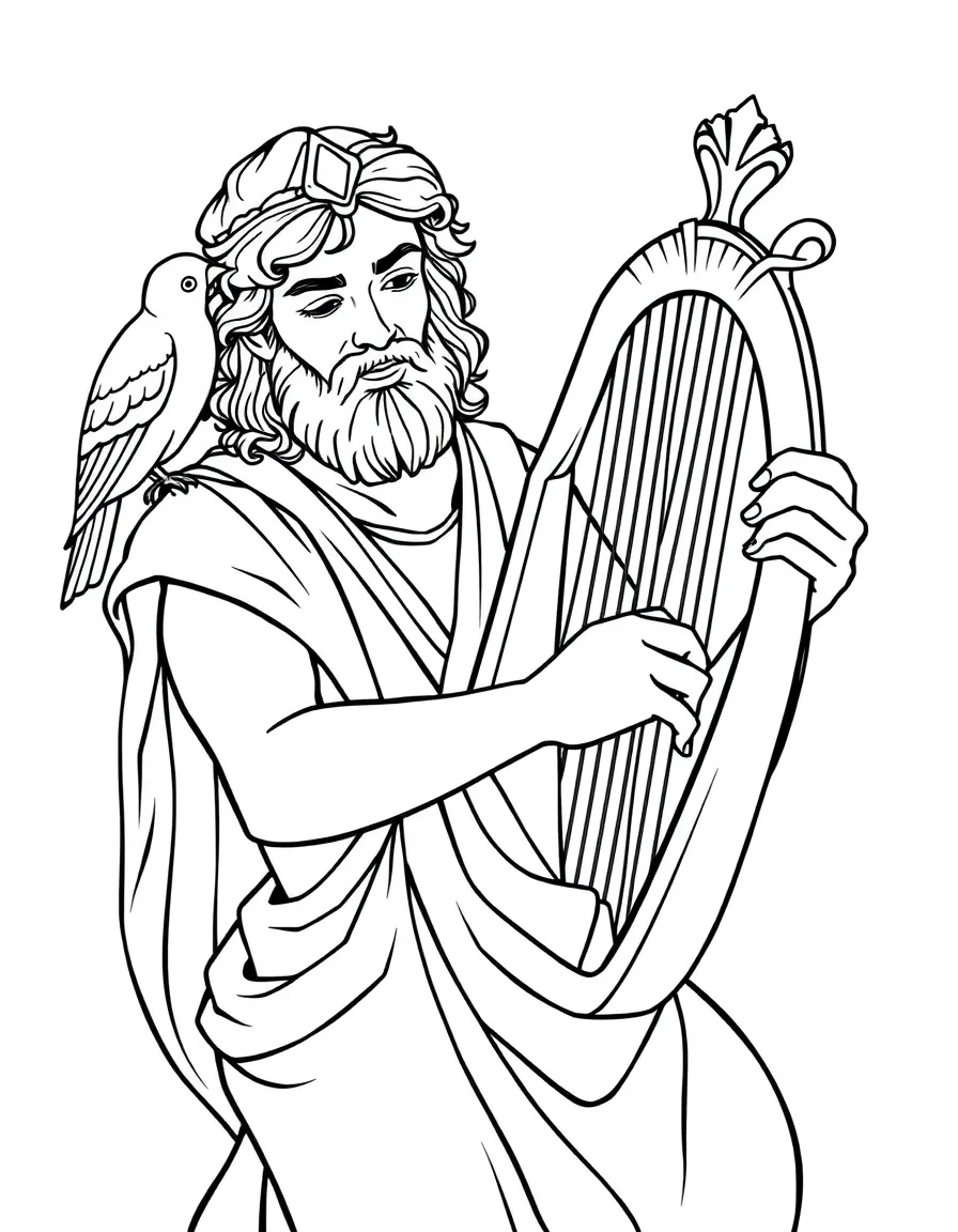 David playing his harp, with a singing bird on his shoulder.