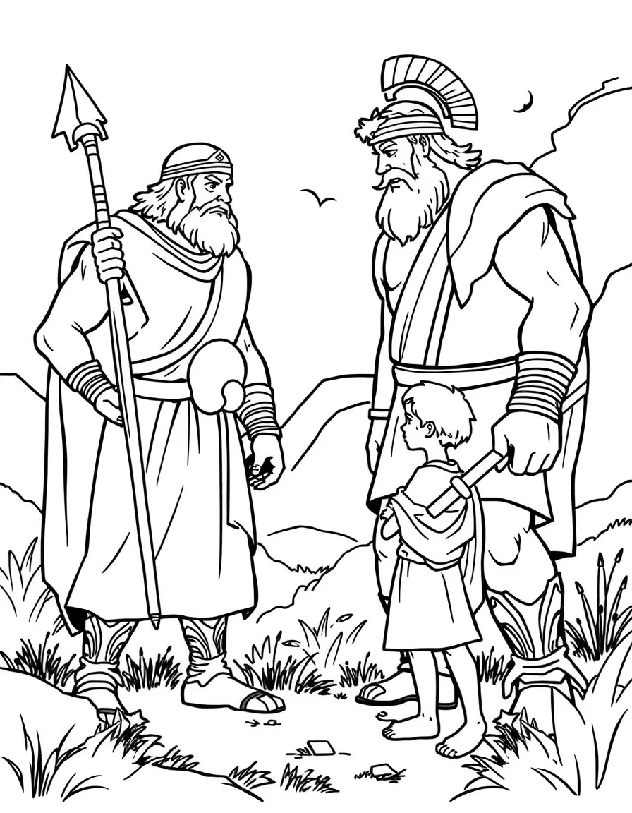 David and Goliath, with David looking small but brave.