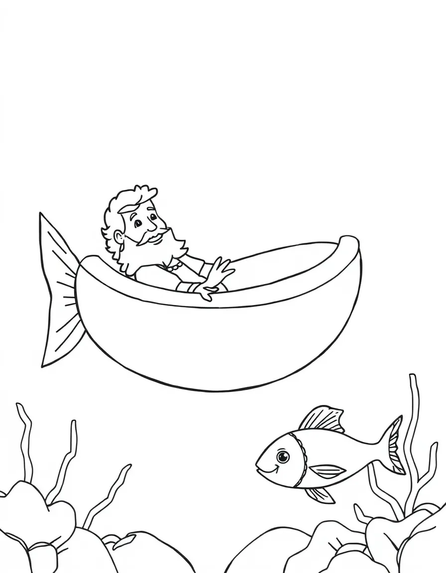 Jonah in the fish, with a little fish swimming by.