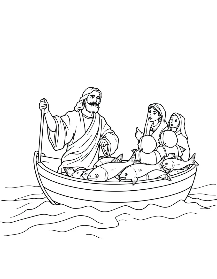 Jesus calling disciples, with a boat full of fish.