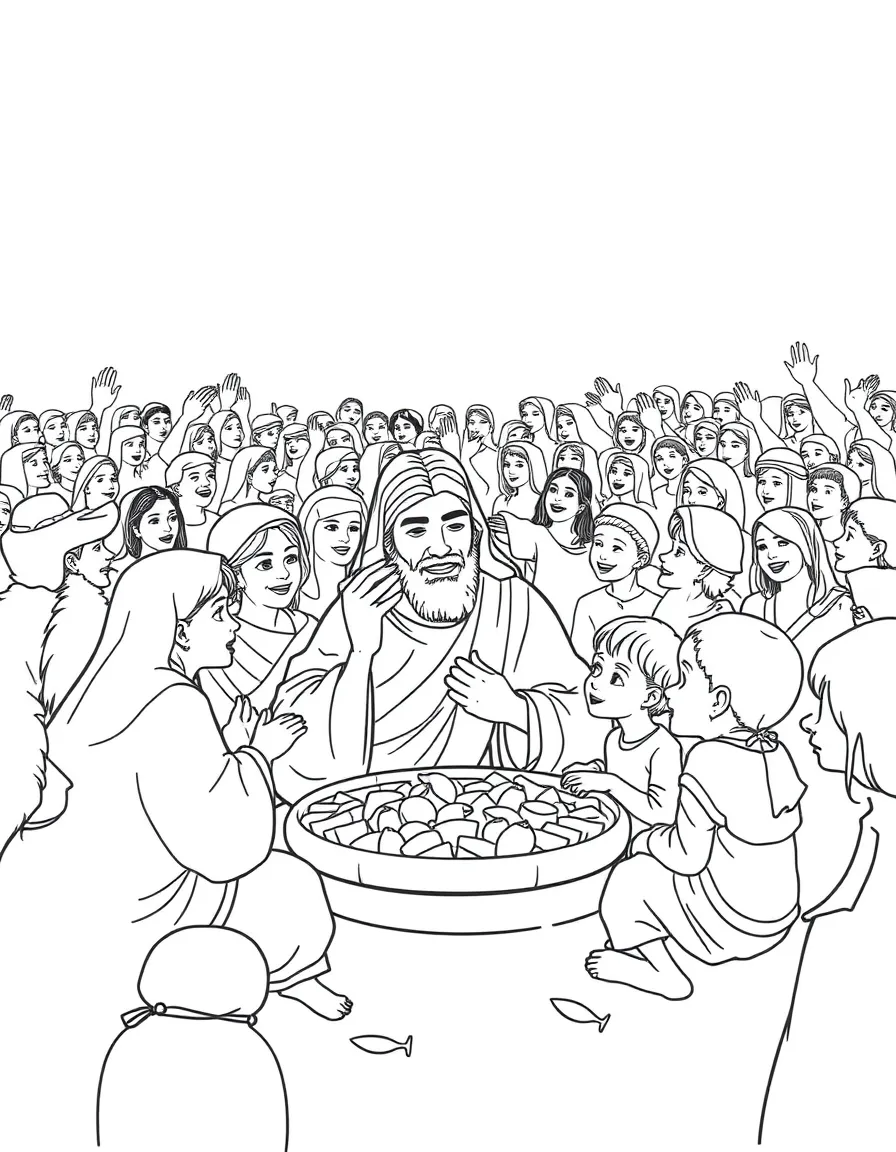 Jesus feeding thousands, with happy families eating.
