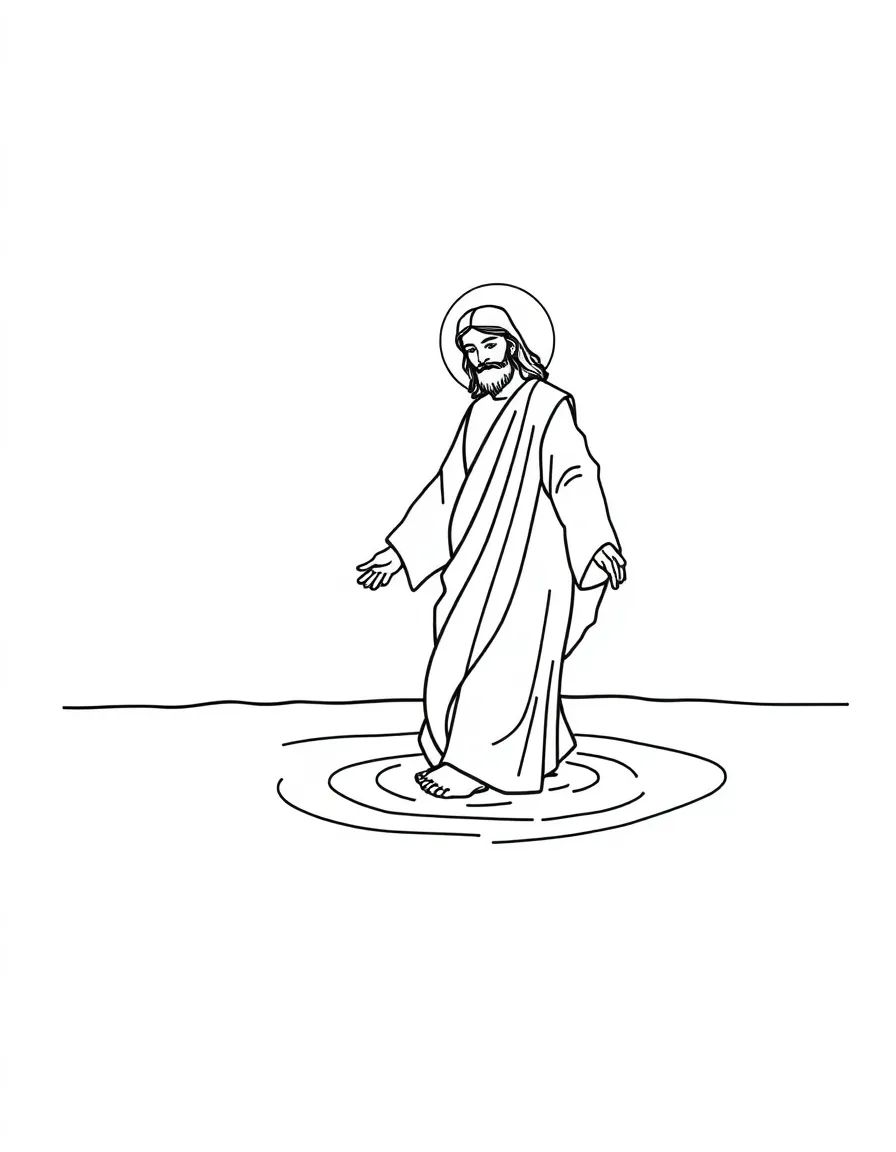 Jesus walking on water, with calm ripples.