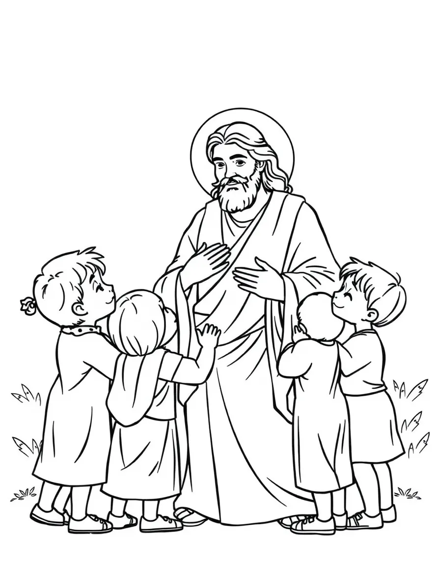 Jesus welcoming children, with a big hug.