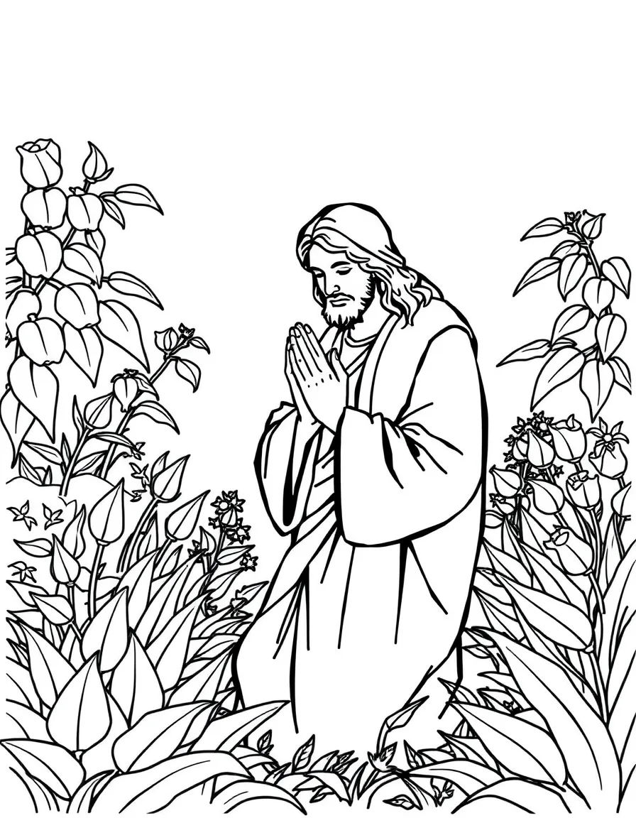 Jesus praying in the garden, with hands clasped.