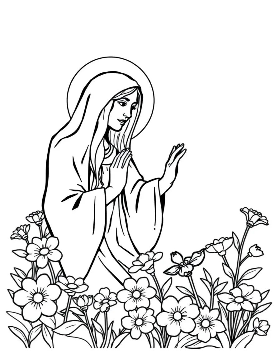 Mary Magdalene seeing Jesus, with flowers blooming.