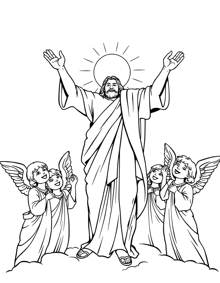 Jesus ascending, with happy angels looking on.