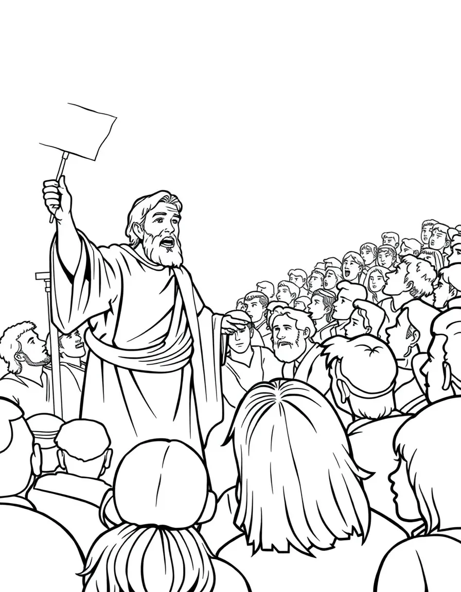 Peter preaching, with a crowd listening intently.