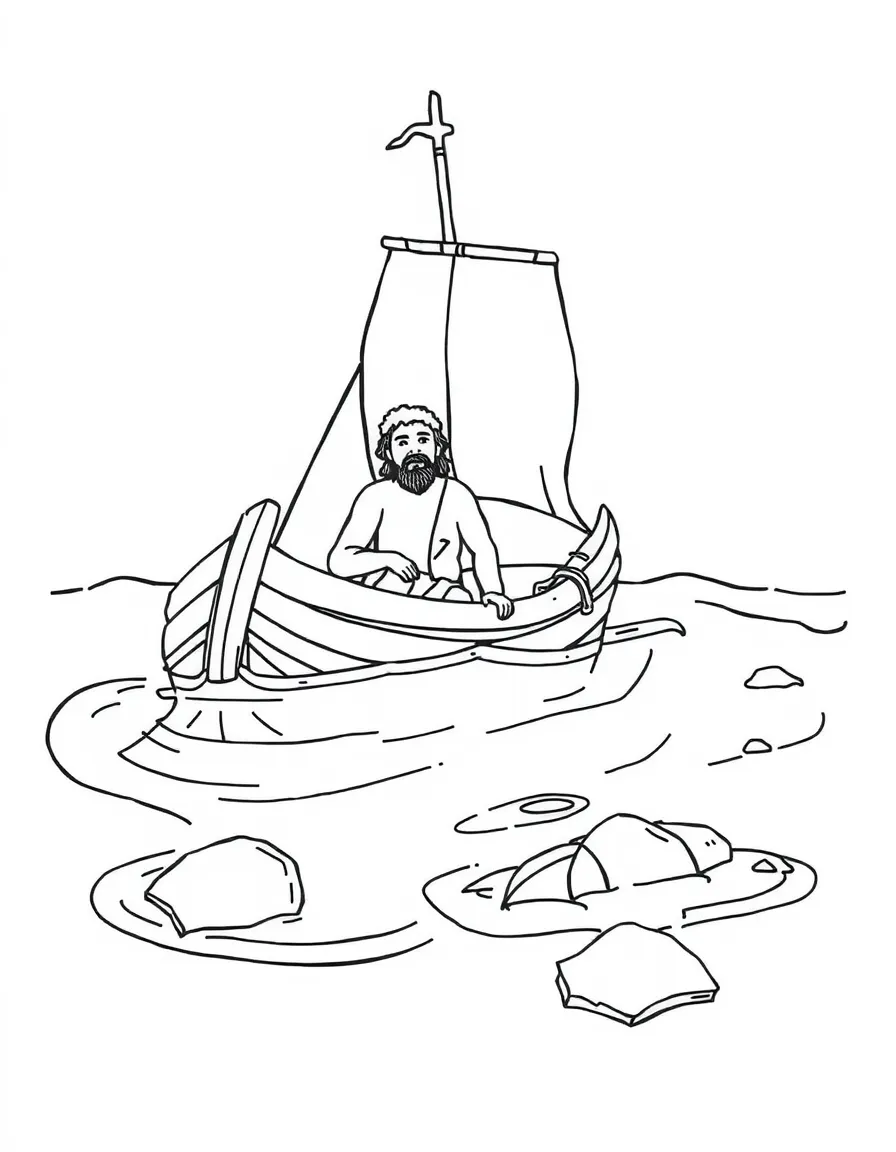 Paul shipwrecked, with clear blue water.