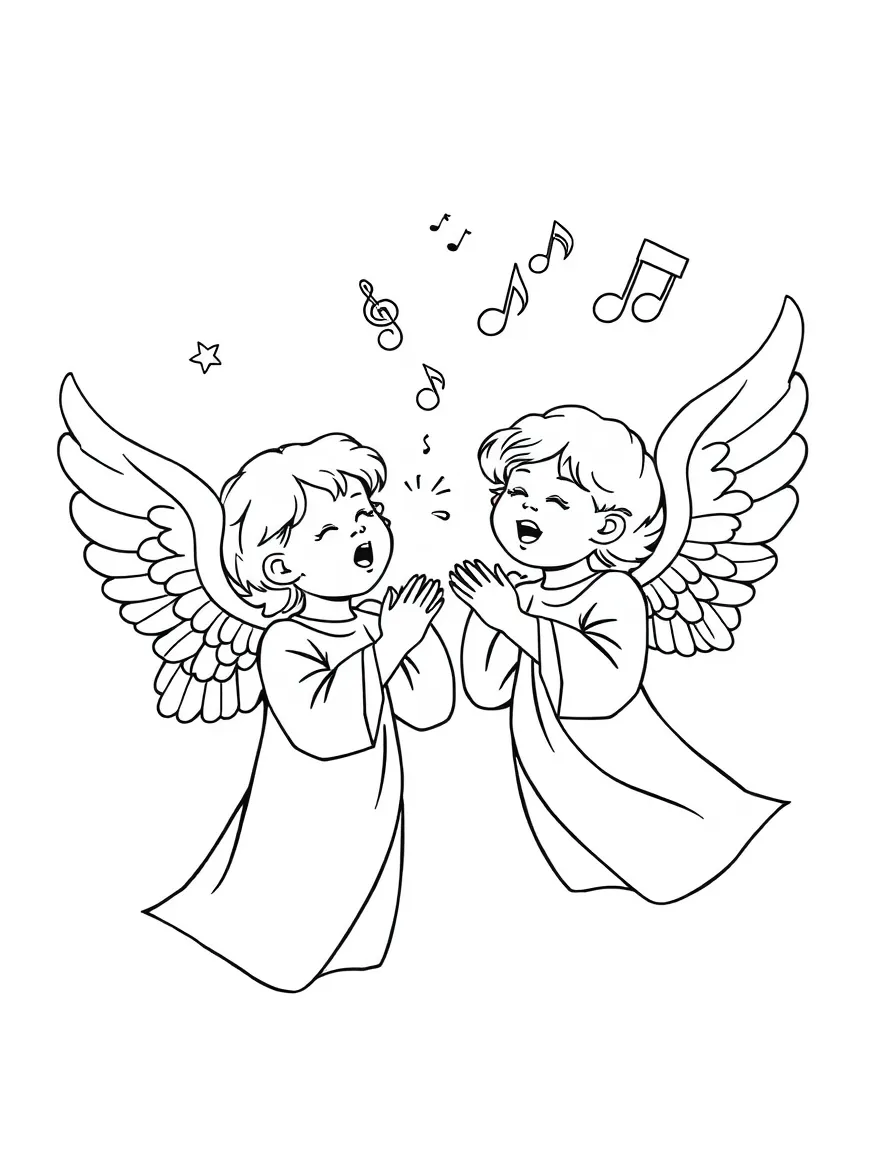 Angels singing, with beautiful music notes.