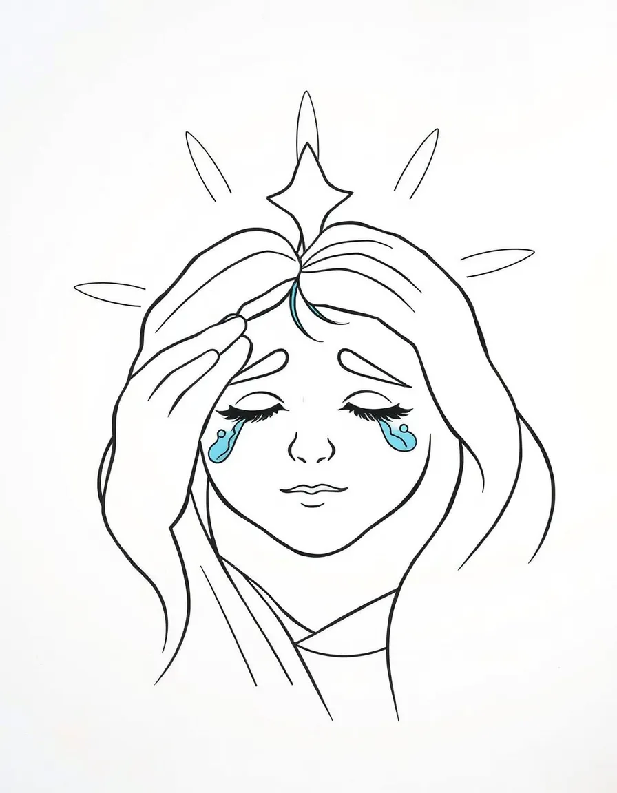 God wiping away tears, with peaceful faces.