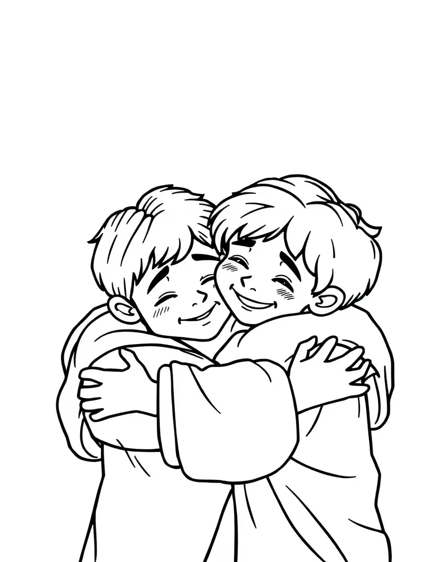 Joseph hugging his brothers, with a happy tear.