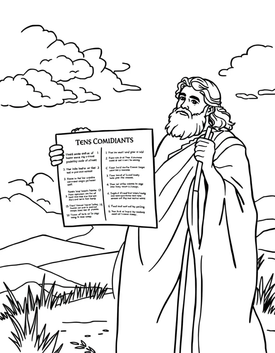 Moses holding the Ten Commandments, with a peaceful sky.