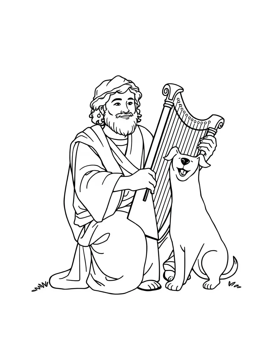 David playing his harp, with a happy dog.