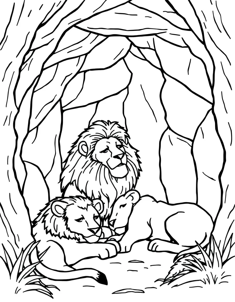 Daniel in the lion's den, with lions asleep.