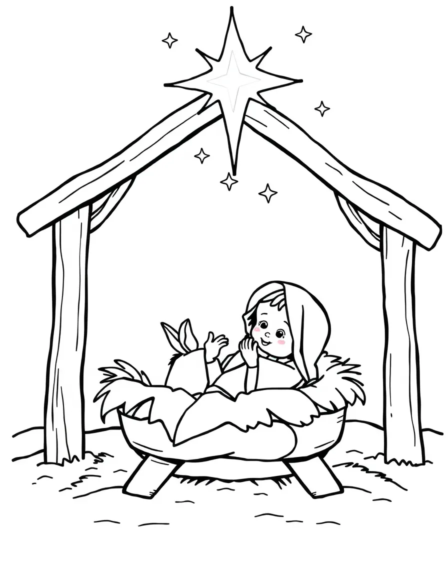 Baby Jesus in the manger, with twinkling stars.