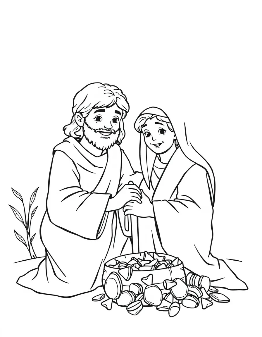 Young Jesus helping Joseph, with wood chips.
