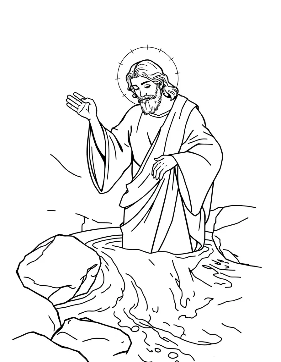 Jesus being baptized, with a flowing river.