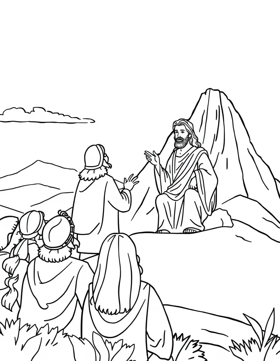 Jesus teaching on the mount, with happy listeners.
