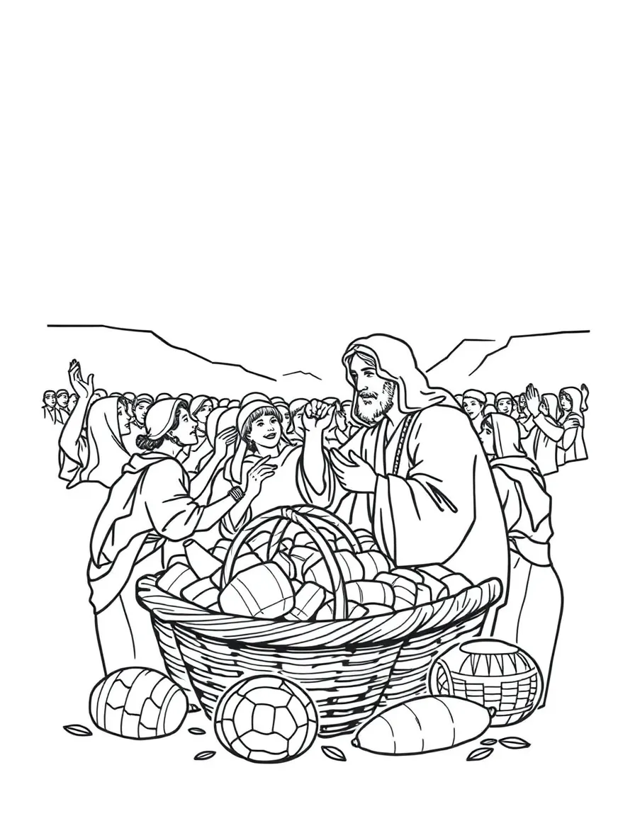 Jesus feeding thousands, with overflowing baskets.