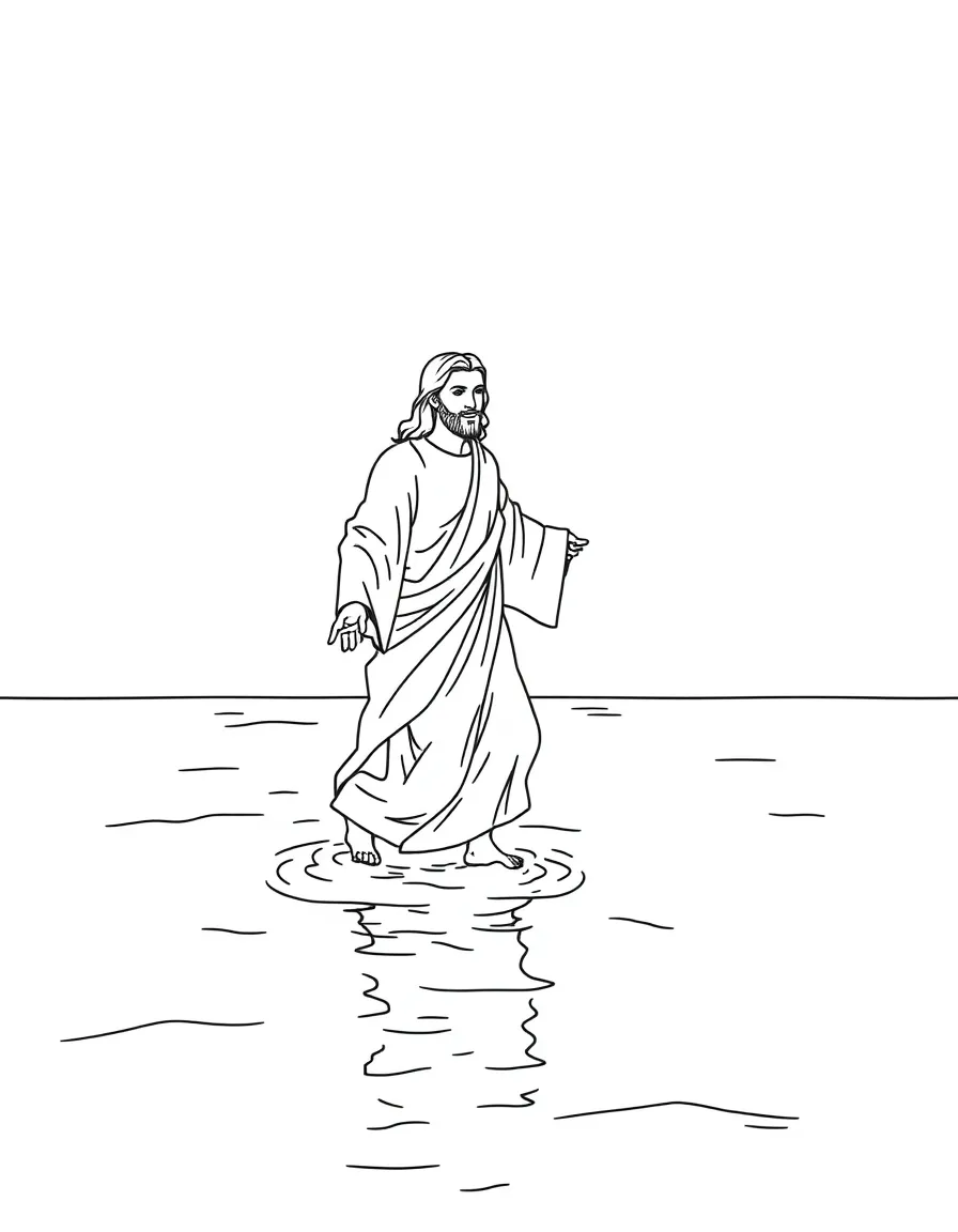 Jesus walking on water, with calm water.