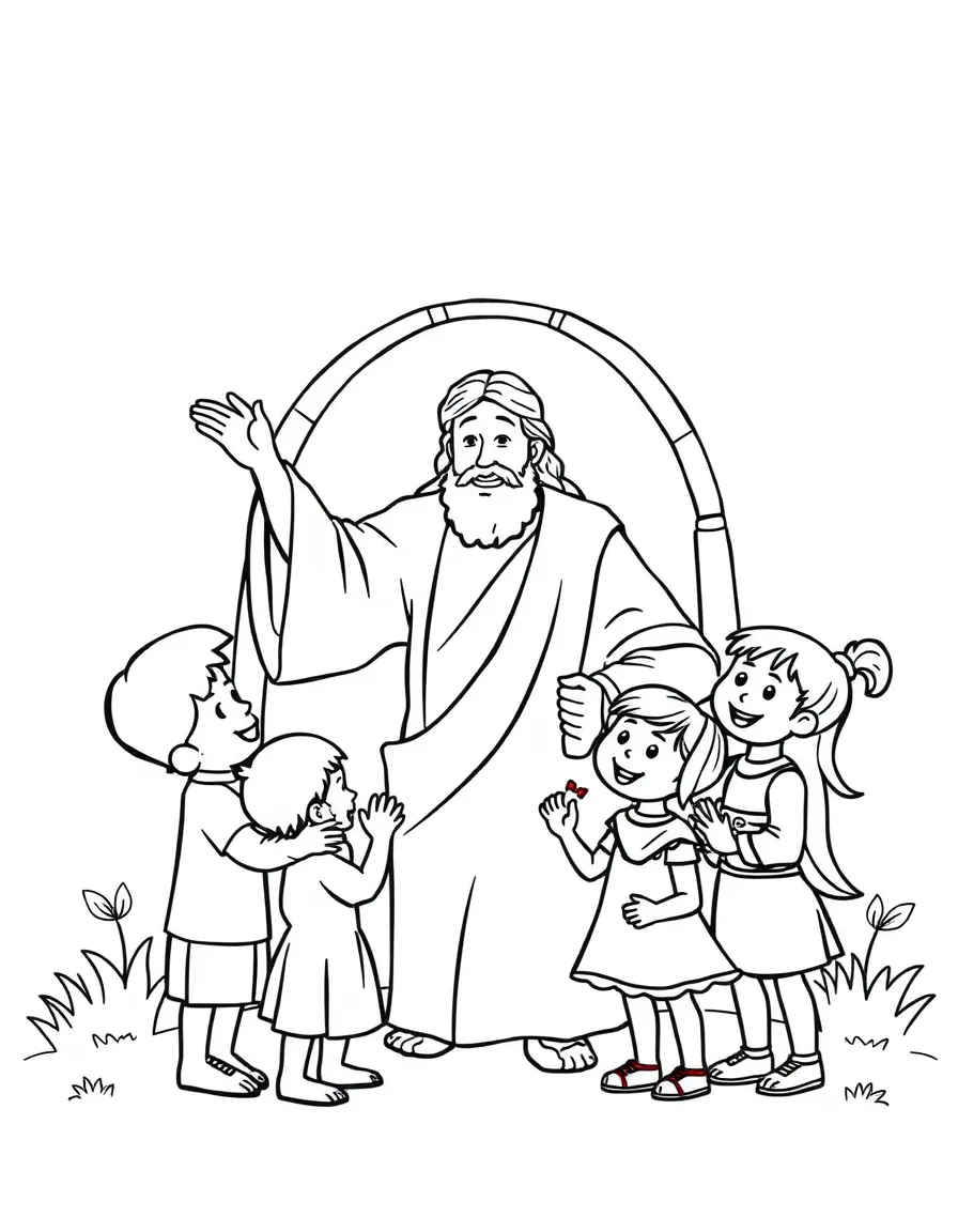 Jesus welcoming children, with happy children.