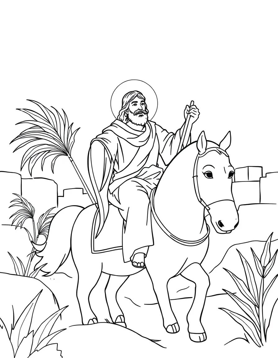 Jesus riding into Jerusalem, with palm branches.