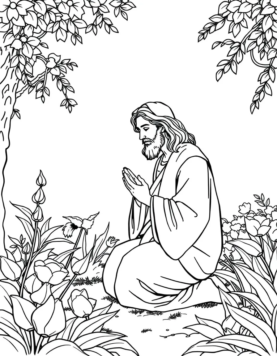 Jesus praying in the garden, with gentle light.