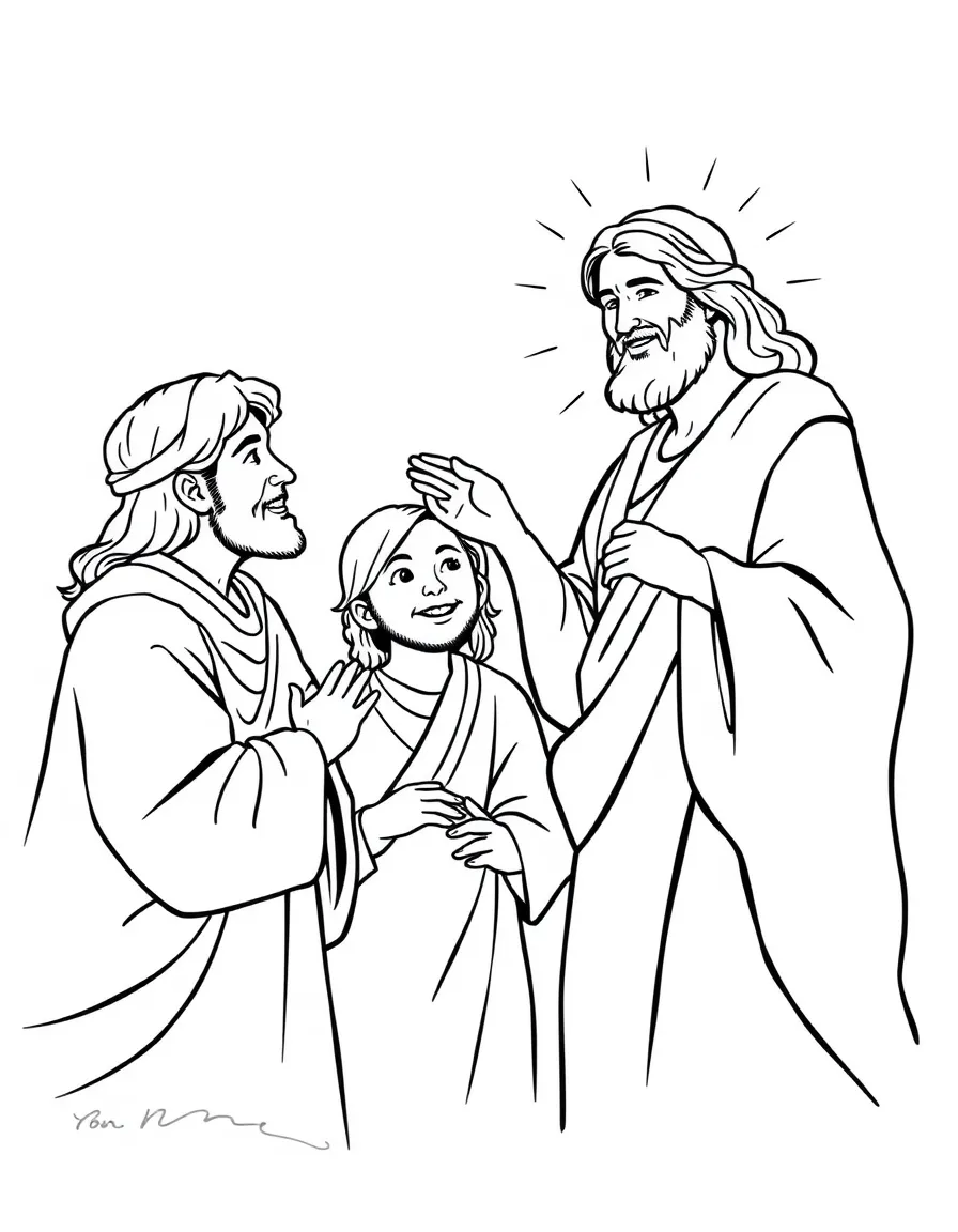 Jesus appearing to disciples, with a peaceful smile.