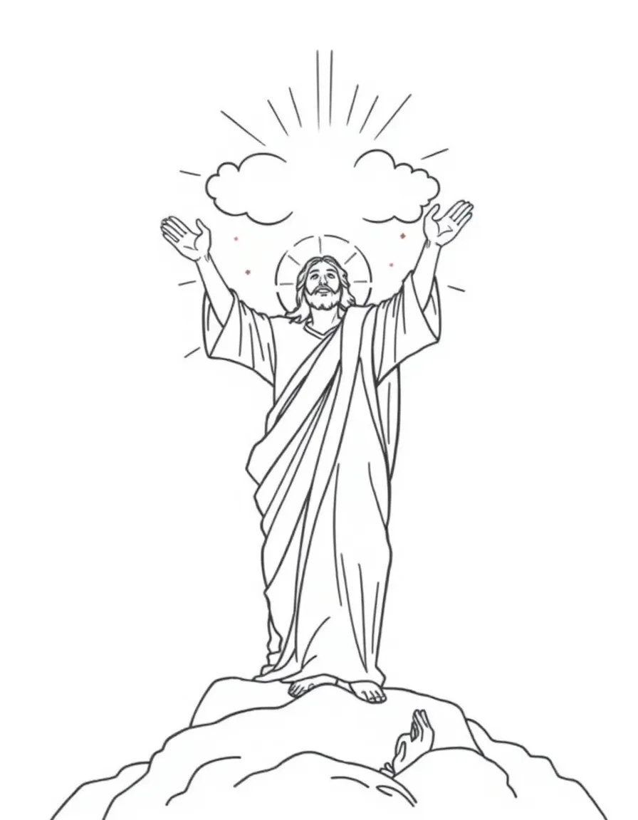 Jesus ascending, with a cloud and light.