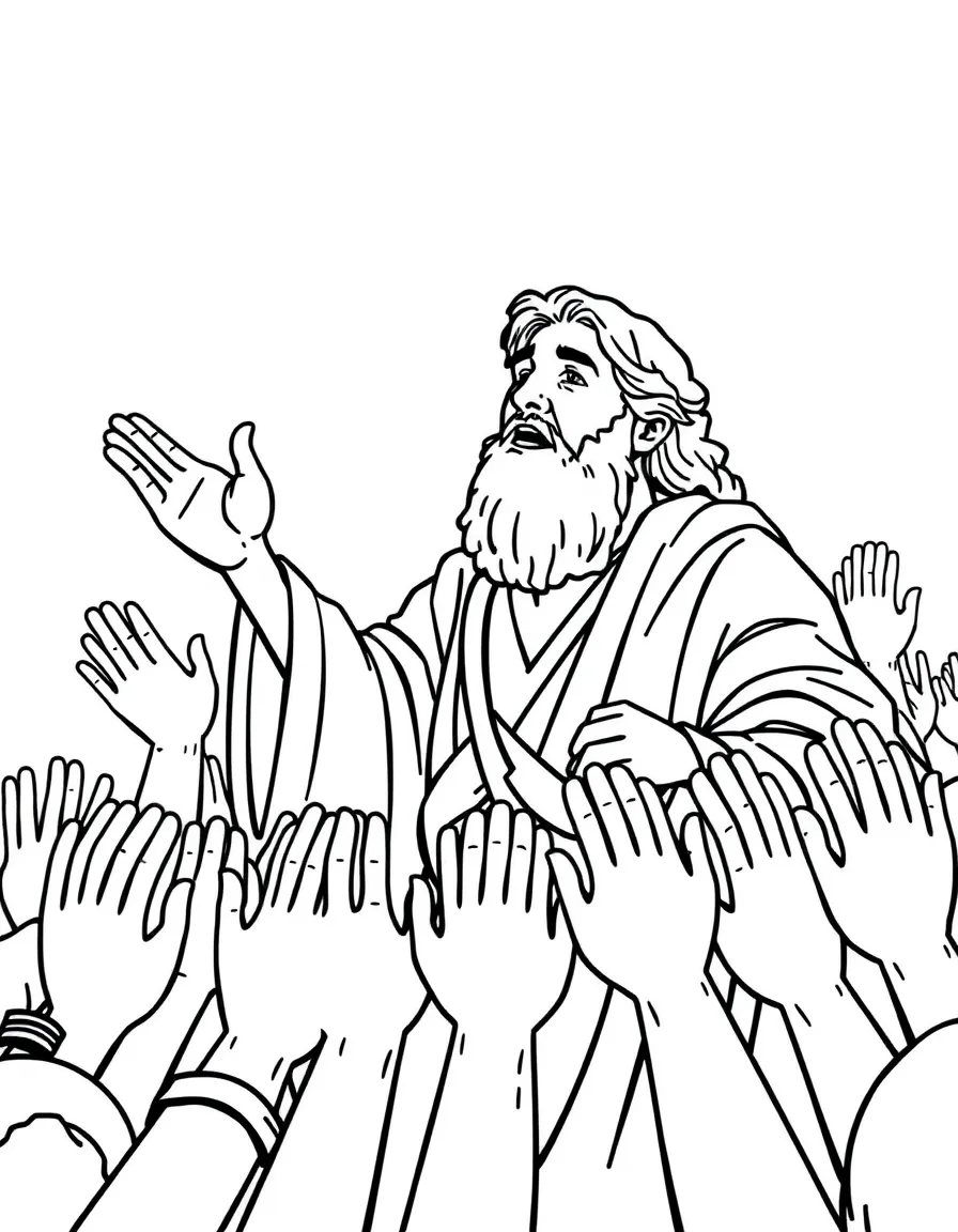 Peter preaching, with many hands raised.
