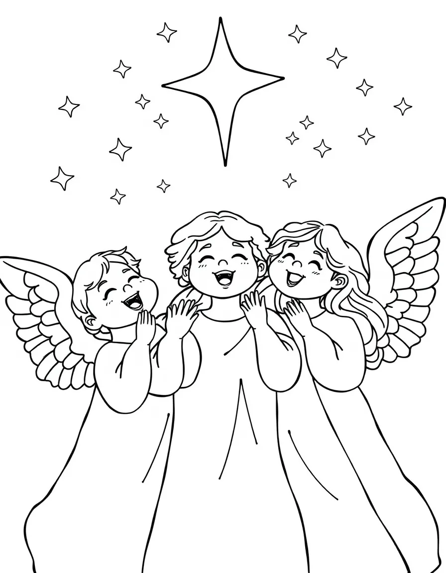 Angels singing, with joyful faces.