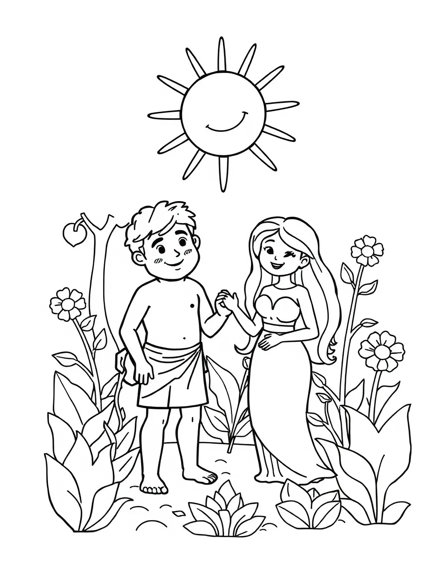 Adam and Eve in the Garden, with a happy sun.
