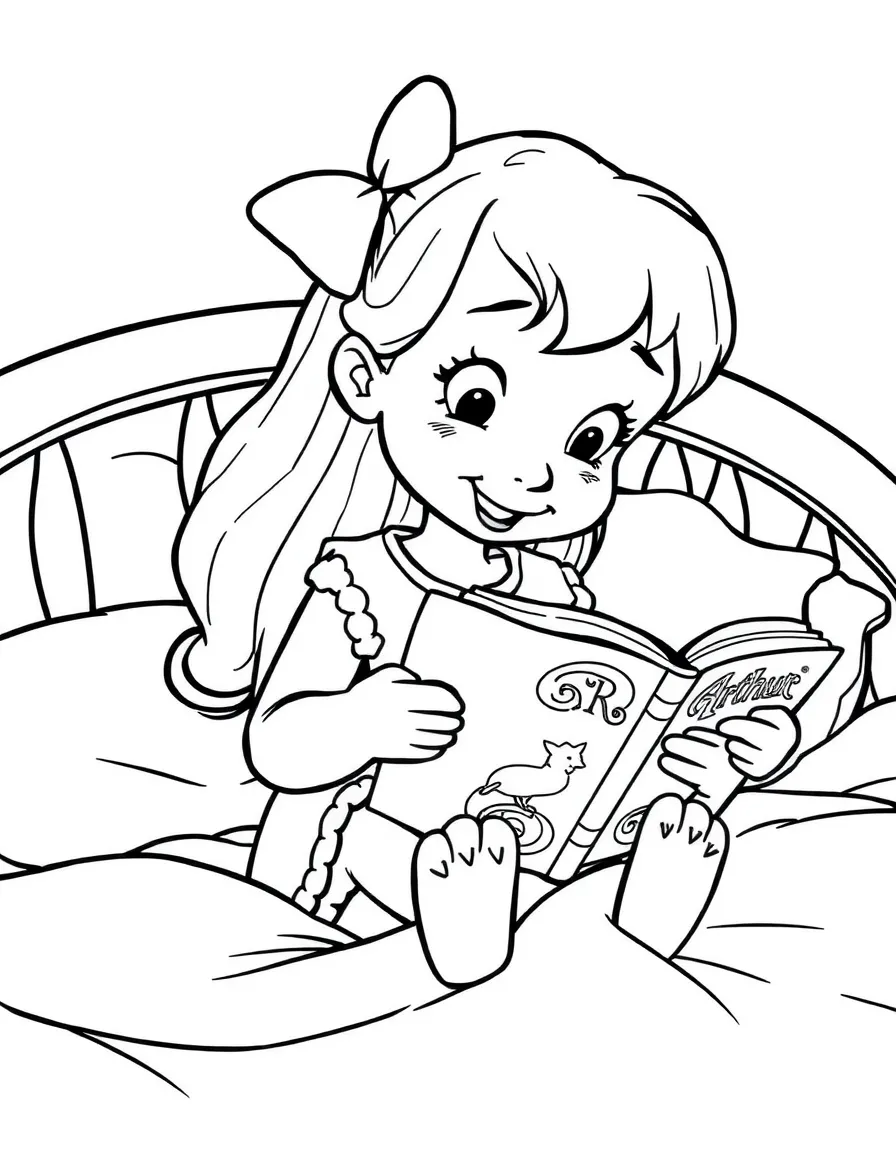 (Arthur TV series) Prunella reading a book on her bed.