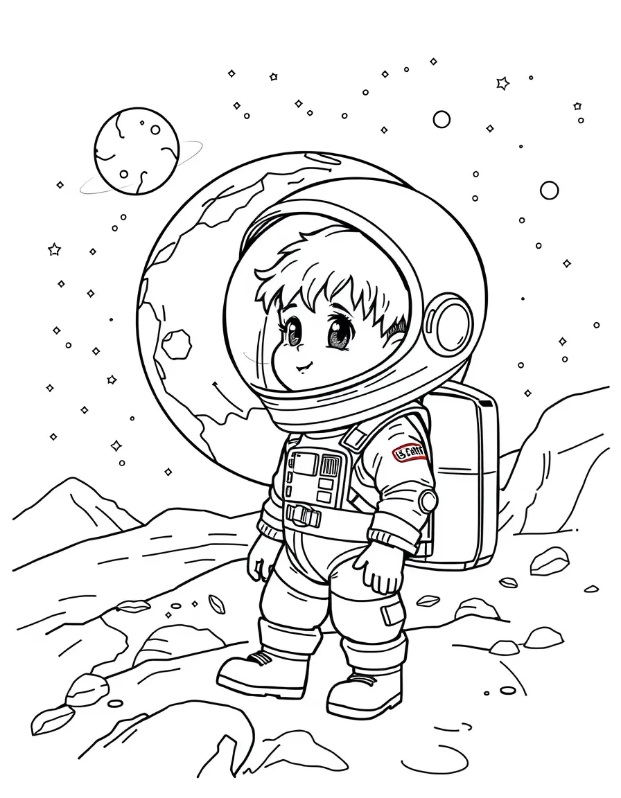 (future) A child in a space suit exploring a new planet.