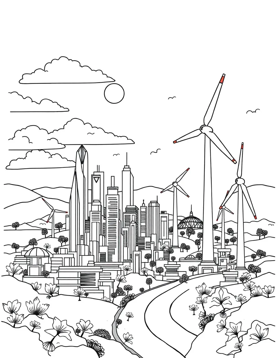 (future) A city powered by wind turbines.