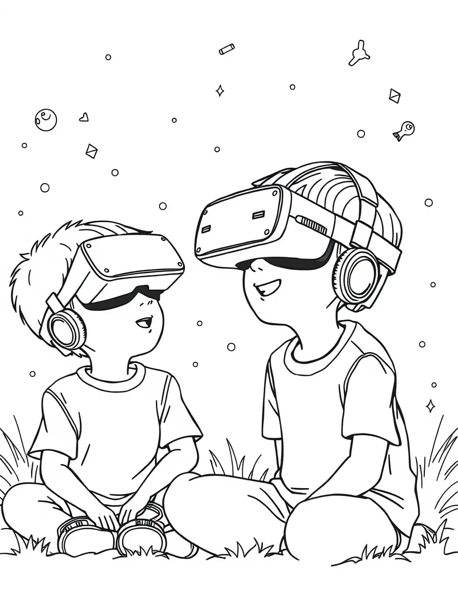 (future) Kids playing a game with virtual reality goggles.