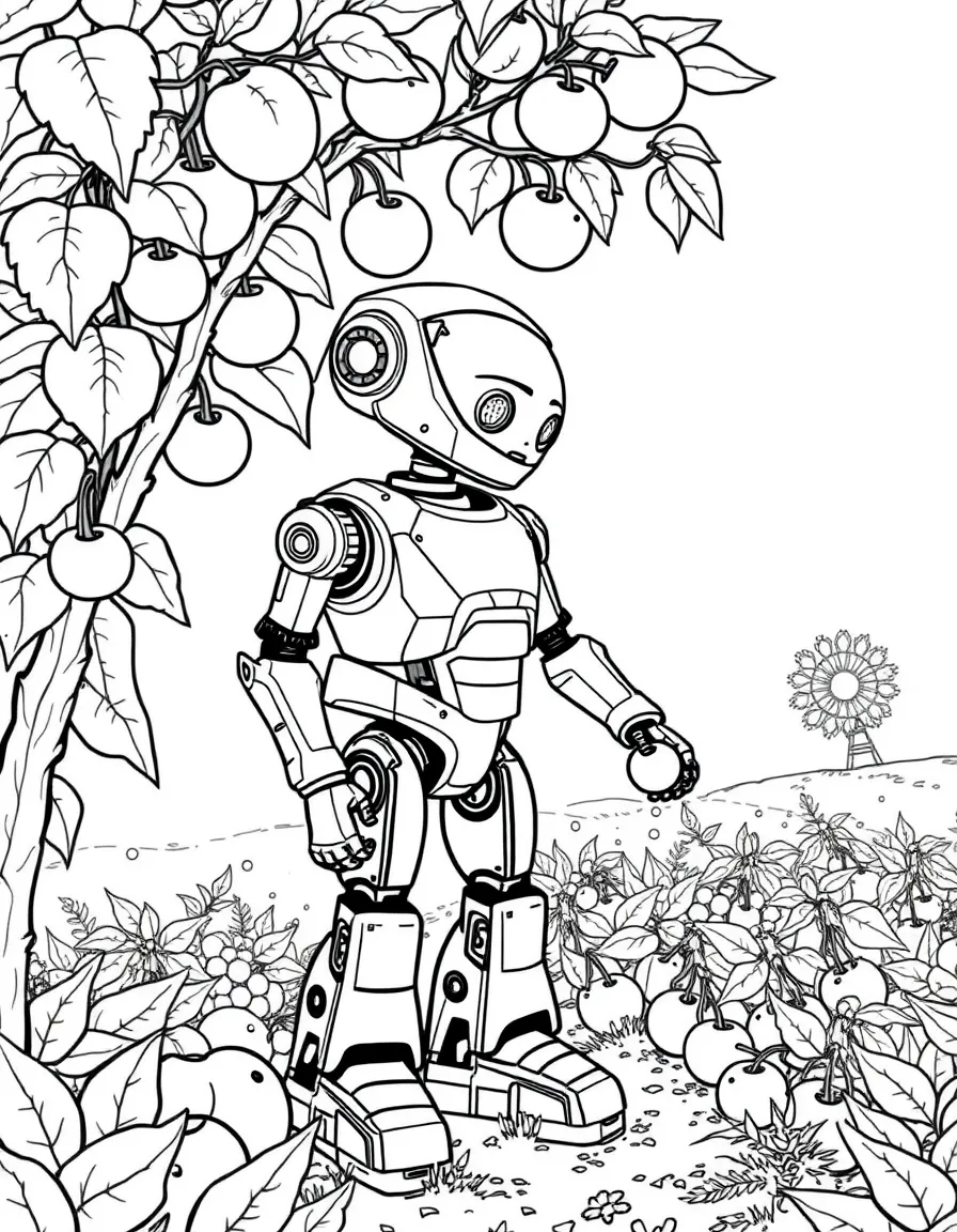 (future) A futuristic farm where robots pick fruit.