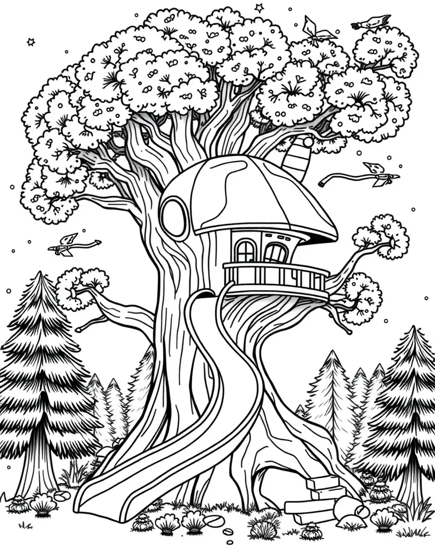 (future) A futuristic treehouse with a slide.