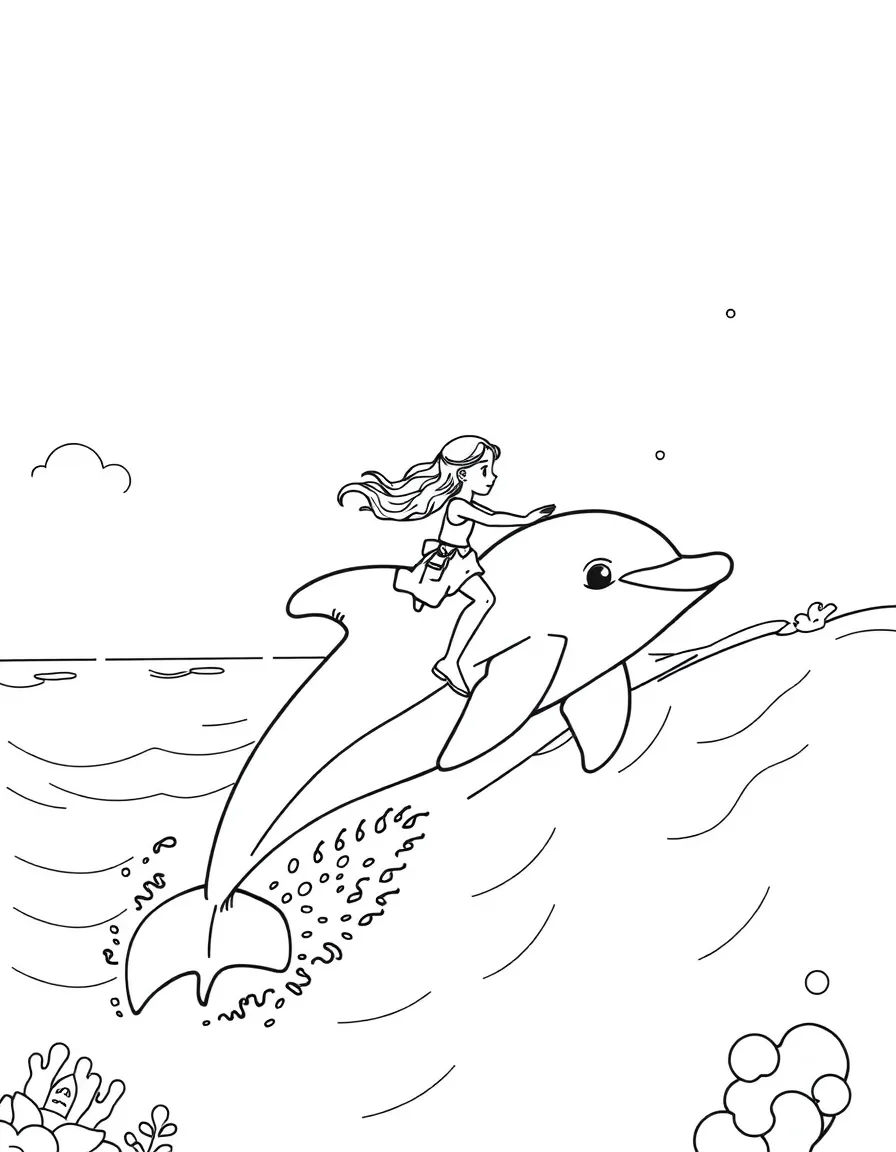 (future) A girl riding a dolphin in an ocean city.