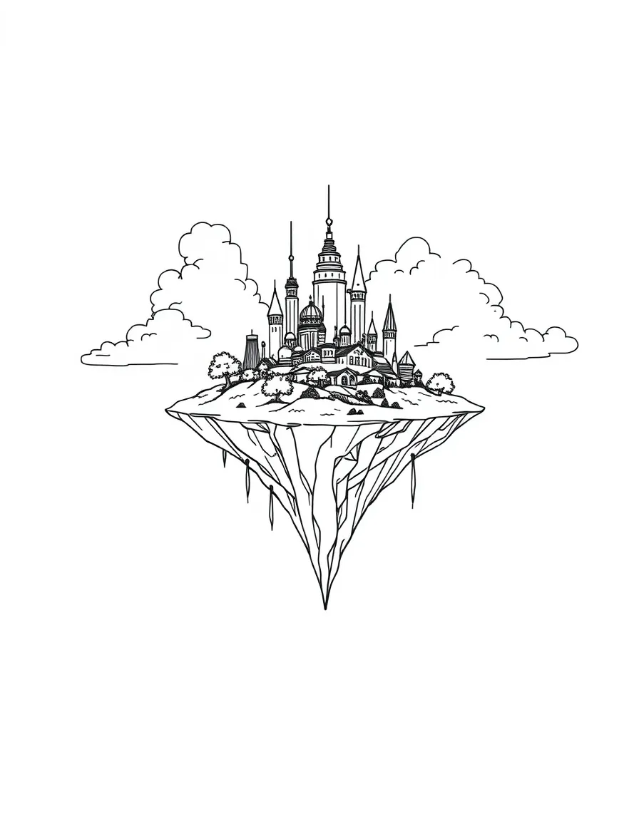 (future) A floating island with a small town on it.