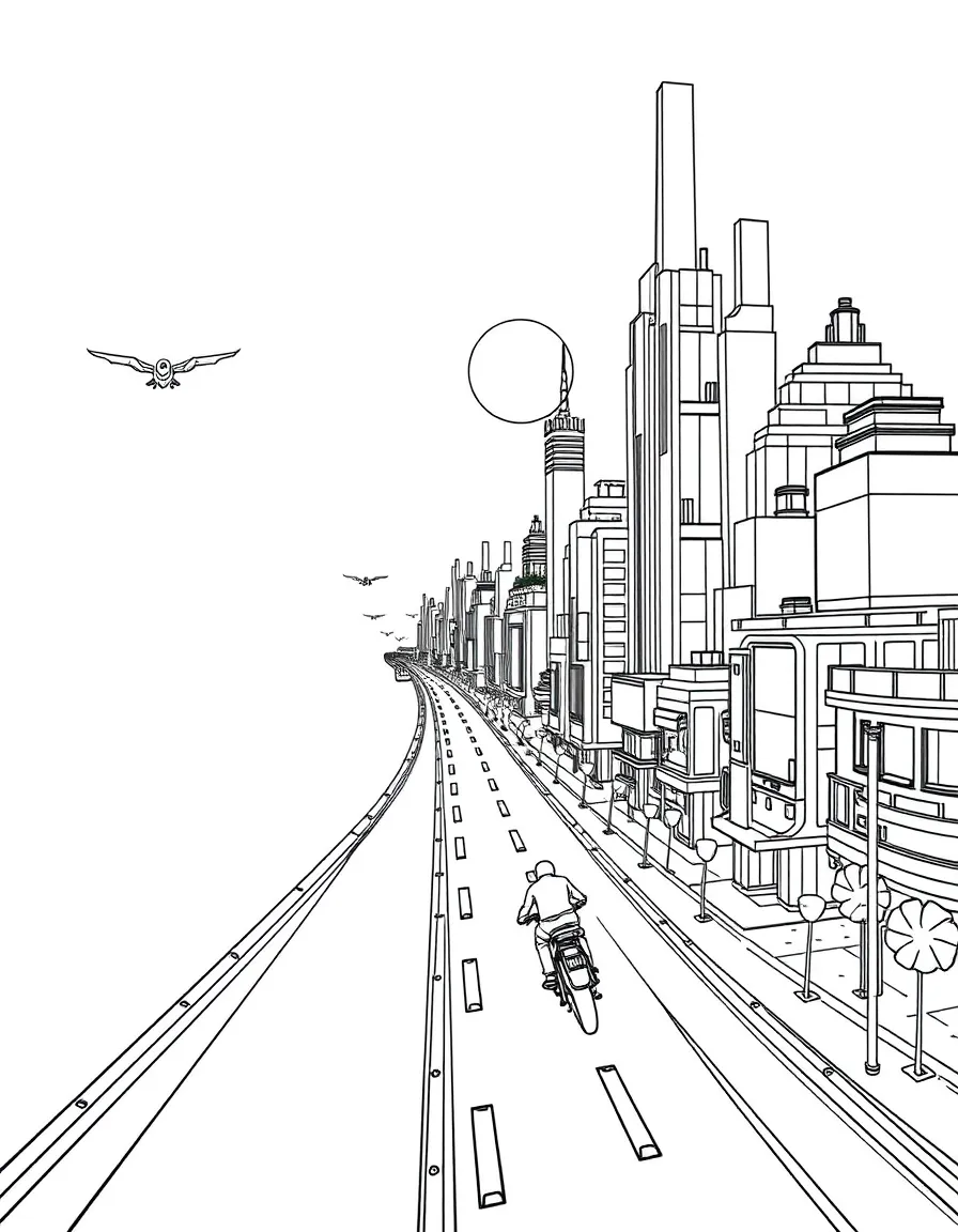 (future) A city with pathways for flying bikes.