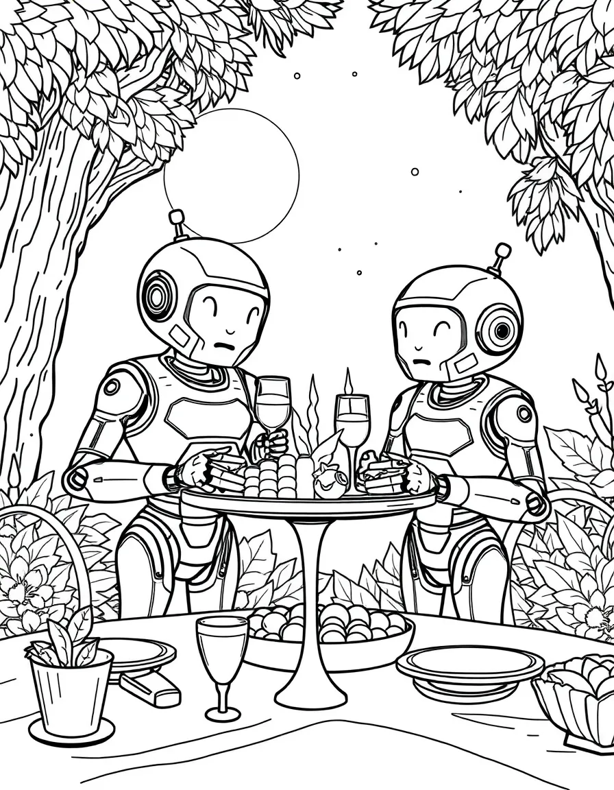(future) A futuristic picnic with robot waiters.