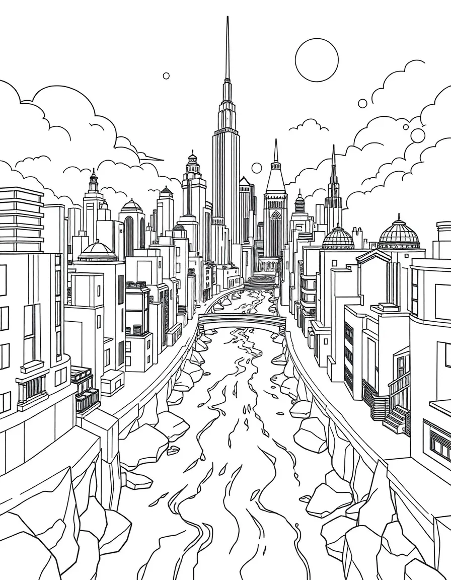 (future) A city with rivers flowing through buildings.