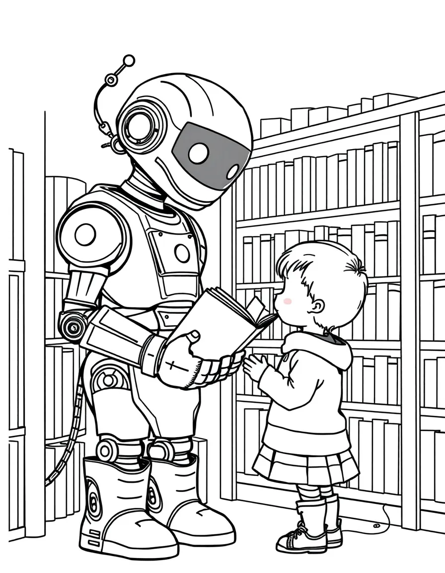 (future) A robot librarian helping a child find a book.