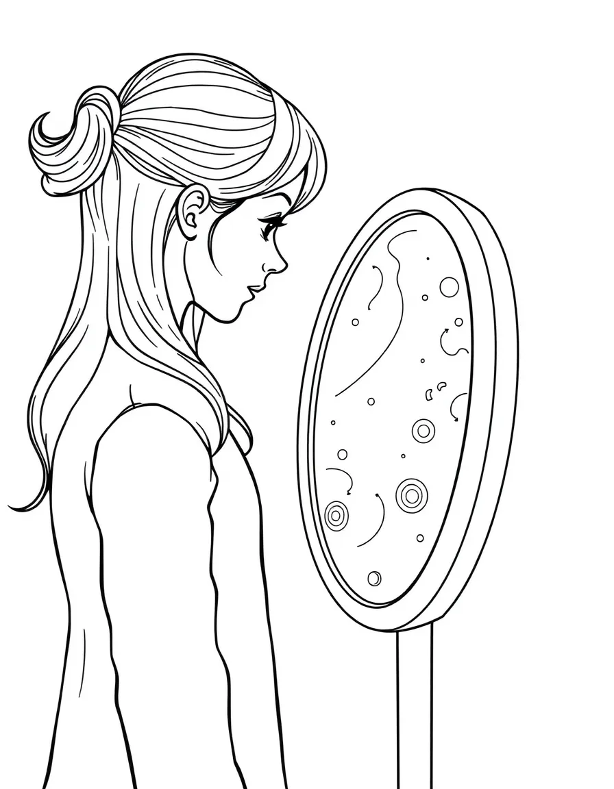 (future) A girl talking to a smart mirror.