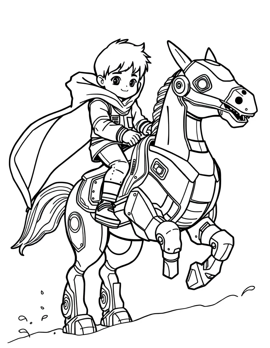 (future) A boy riding a robot horse.