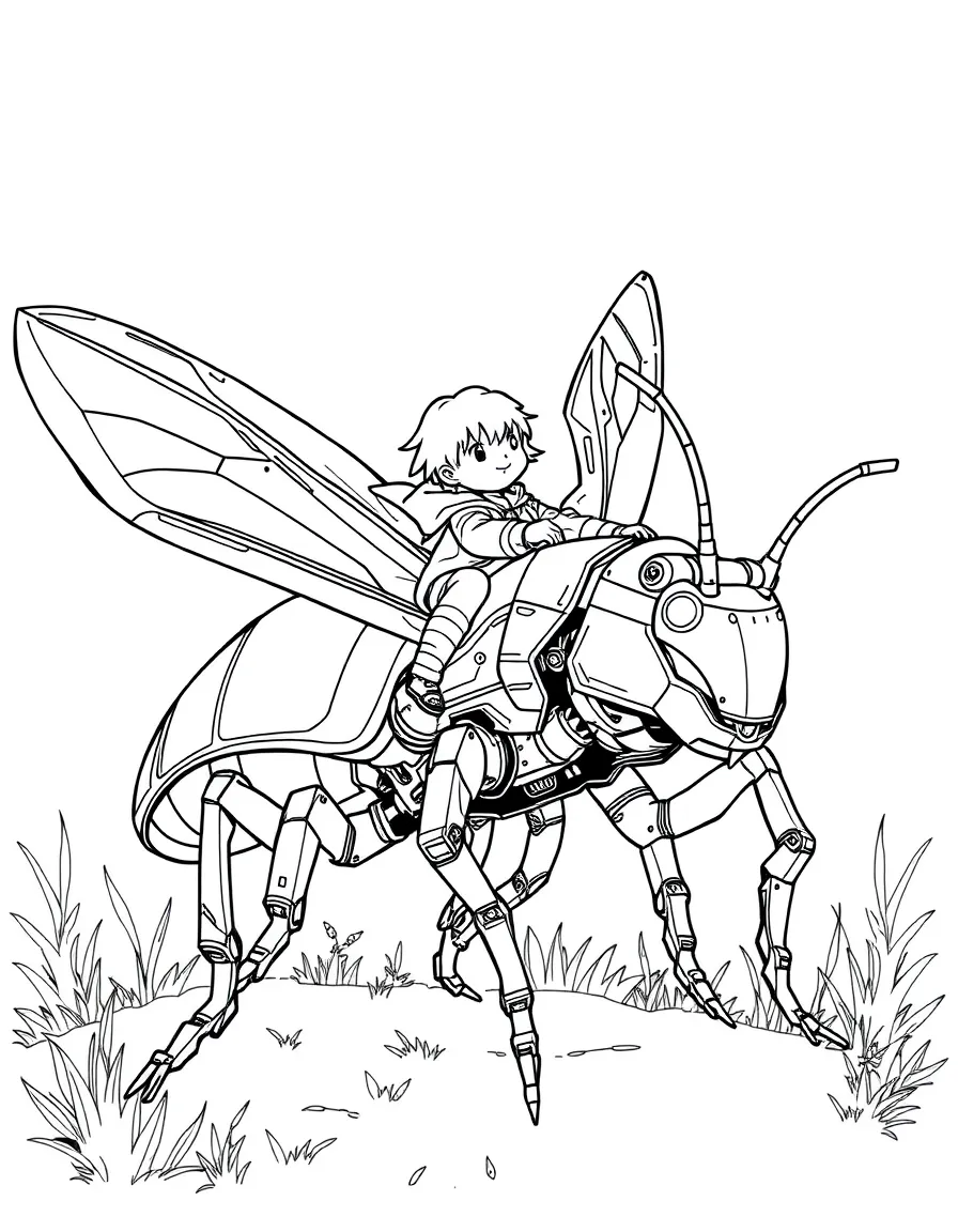 (future) A child riding a giant robot insect.