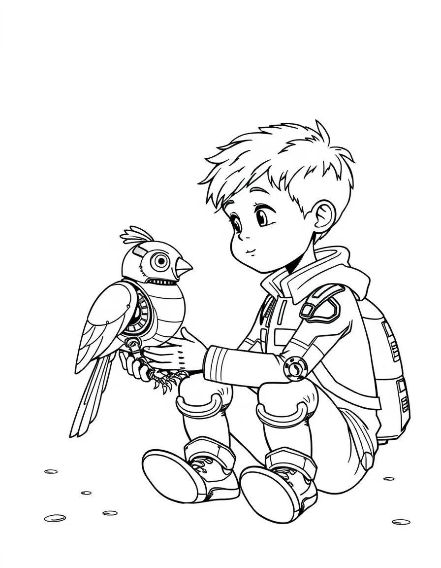 (future) A boy playing with a robot pet bird.